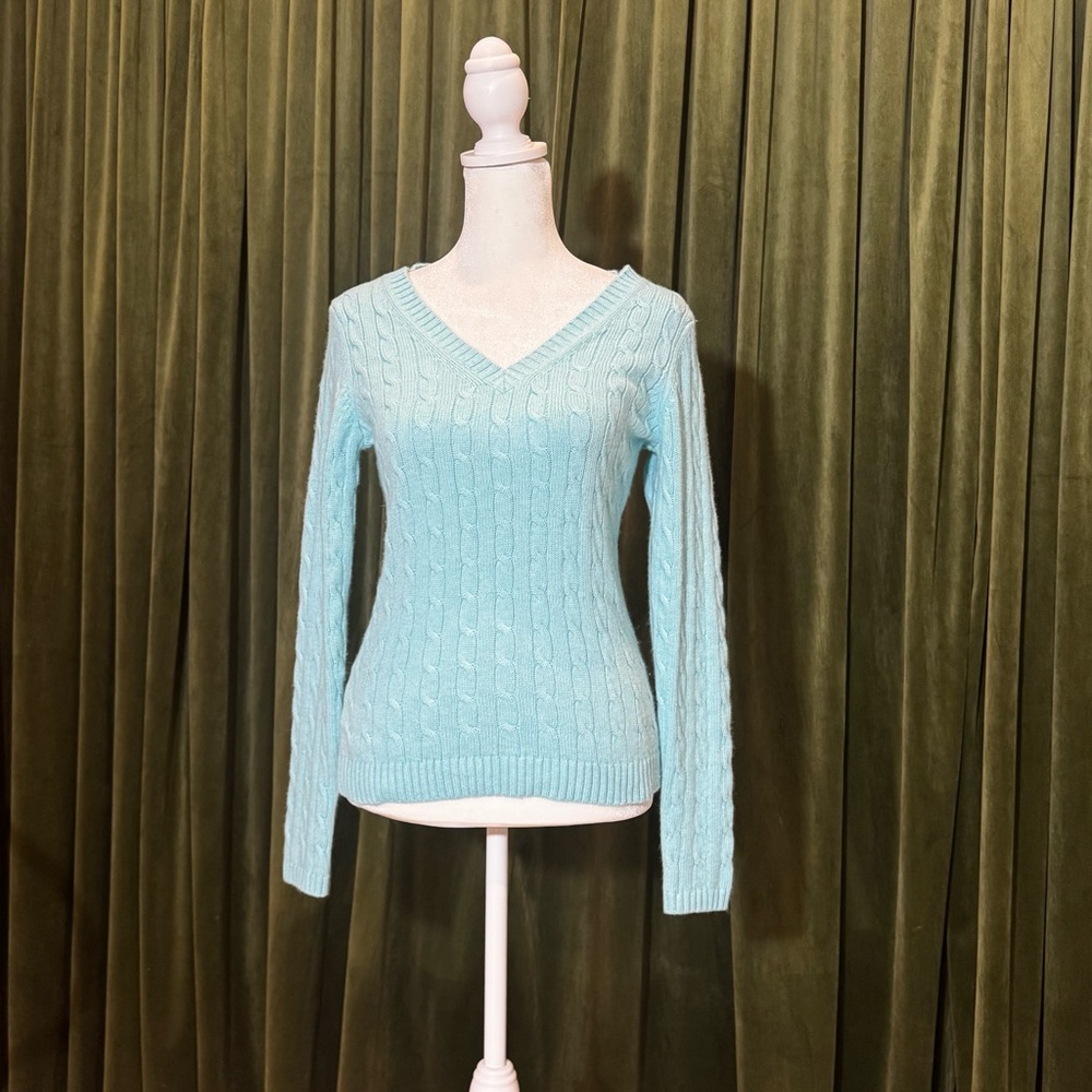 LOFT Sky Blue V-Neck Cable Sweater